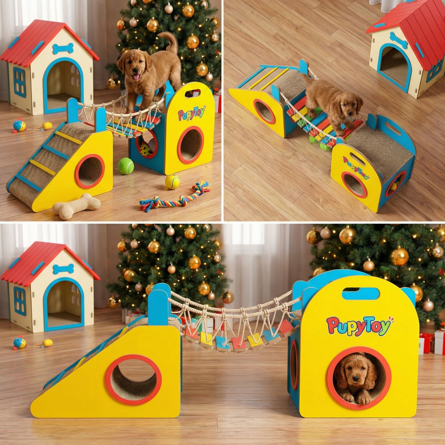 💖PupyToy® Wooden Pet House – Cozy Indoor Dog and Cat House with Sturdy Structure | Fun Playhouse with Tunnel, Ramp, and Scratching Surface | Ideal for Small to Medium Pets