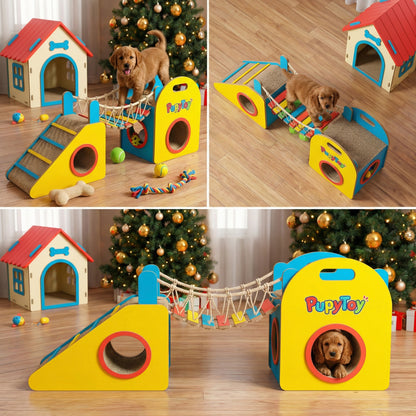 💖PupyToy® Wooden Pet House – Cozy Indoor Dog and Cat House with Sturdy Structure | Fun Playhouse with Tunnel, Ramp, and Scratching Surface | Ideal for Small to Medium Pets