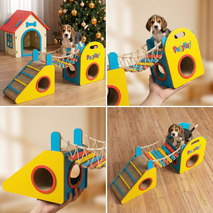 💖PupyToy® Wooden Pet House – Cozy Indoor Dog and Cat House with Sturdy Structure | Fun Playhouse with Tunnel, Ramp, and Scratching Surface | Ideal for Small to Medium Pets
