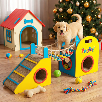 💖PupyToy® Wooden Pet House – Cozy Indoor Dog and Cat House with Sturdy Structure | Fun Playhouse with Tunnel, Ramp, and Scratching Surface | Ideal for Small to Medium Pets